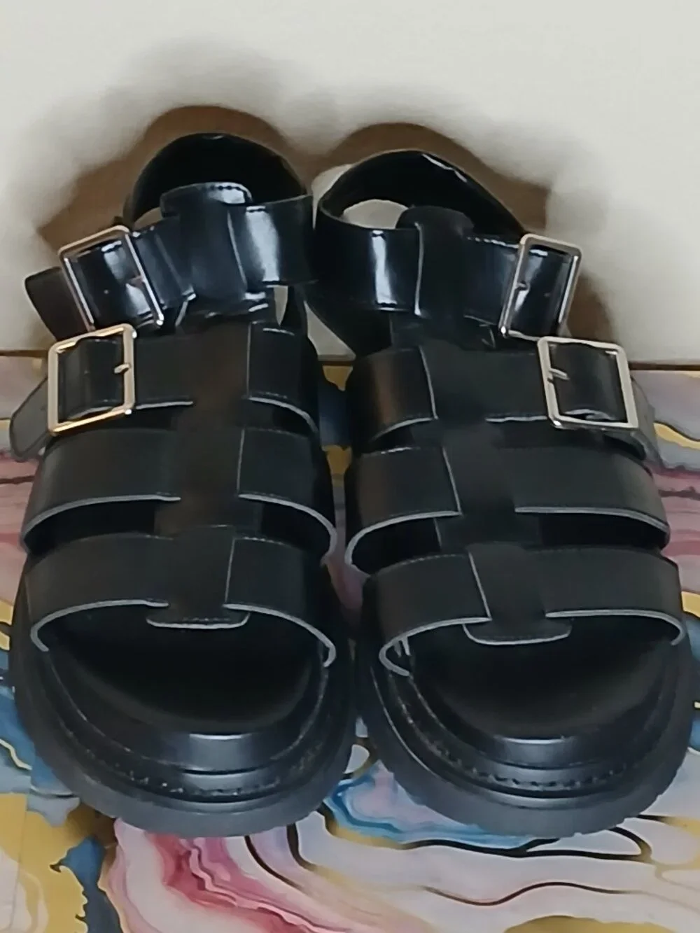 Chunky Black Strappy Gladiator Fisherman Sandals Silver Buckle